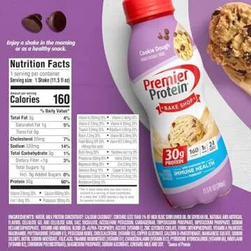 Premier Protein Shake, Cookie Dough, 30g Protein 1g Sugar 24 Vitamins Minerals Nutrients to Support Immune Health, 11.5 fl oz (Pack of 12)