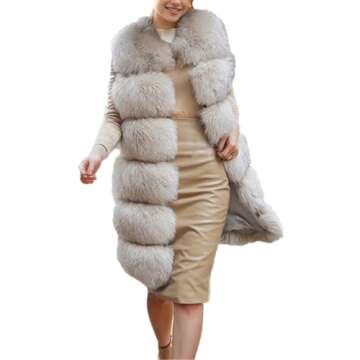 Lisa Colly Women's Faux Fox Fur Coat Jacket Winter Sleeveless Faux Fur Vest Outwear (Beige, XL)