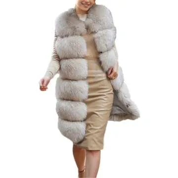 Lisa Colly Women's Faux Fox Fur Coat Jacket Winter Sleeveless Faux Fur Vest Outwear (Beige, XL)