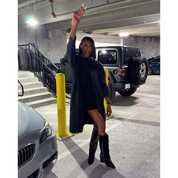 LISHAN Wedge Heel Long Boots for Women Knee High Fold over Chunky Block Heel Slip on Pointed Toe Pul...