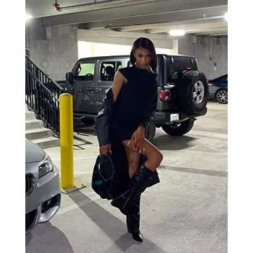 LISHAN Wedge Heel Long Boots for Women Knee High Fold over Chunky Block Heel Slip on Pointed Toe Pull on Shoes Soft Pu Wide Calf Shark Goth Boots Black Size7