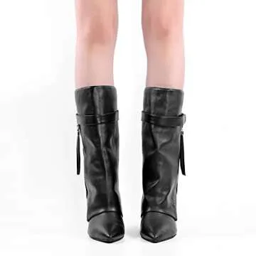 LISHAN Wedge Heel Long Boots for Women Knee High Fold over Chunky Block Heel Slip on Pointed Toe Pull on Shoes Soft Pu Wide Calf Shark Goth Boots Black Size7