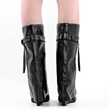 LISHAN Wedge Heel Long Boots for Women Knee High Fold over Chunky Block Heel Slip on Pointed Toe Pull on Shoes Soft Pu Wide Calf Shark Goth Boots Black Size7