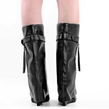 LISHAN Wedge Heel Long Boots for Women Knee High Fold over Chunky Block Heel Slip on Pointed Toe Pull on Shoes Soft Pu Wide Calf Shark Goth Boots Black Size7