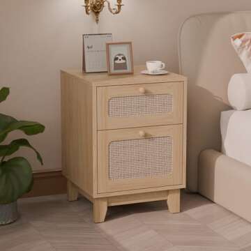 Modern Wicker Rattan Nightstand Set of 2,Rattan Stand with Drawer and Storage Space, Wooden Side End Table for Small Spaces, Natural Wood BedsideTable for Bedroom,Easy Assembly(no charging station, 2)