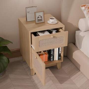 Modern Wicker Rattan Nightstand Set of 2,Rattan Stand with Drawer and Storage Space, Wooden Side End Table for Small Spaces, Natural Wood BedsideTable for Bedroom,Easy Assembly(no charging station, 2)