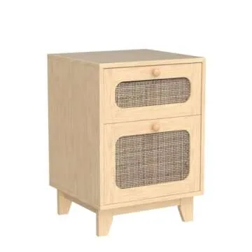 Modern Wicker Rattan Nightstand Set of 2,Rattan Stand with Drawer and Storage Space, Wooden Side End Table for Small Spaces, Natural Wood BedsideTable for Bedroom,Easy Assembly(no charging station, 2)