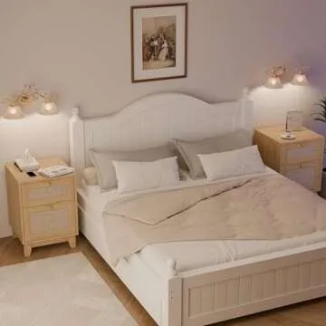 Modern Wicker Rattan Nightstand Set of 2,Rattan Stand with Drawer and Storage Space, Wooden Side End Table for Small Spaces, Natural Wood BedsideTable for Bedroom,Easy Assembly(no charging station, 2)