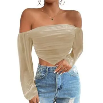 Avanova Women's Off Shoulder Asymmetrical Hem Slim Fit Long Sleeve Crop Top Khaki Large