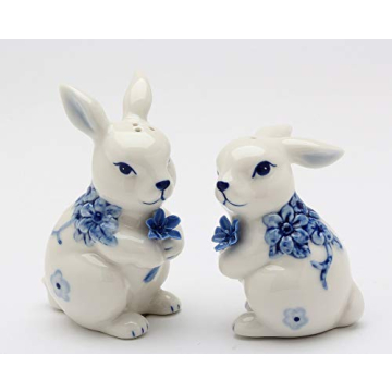 Fine Ceramic Hand Painted Classic Dutch Blue and White Bunny Rabbit Holding Blue Flowers Salt & Pepp...