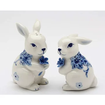 Fine Ceramic Hand Painted Classic Dutch Blue and White Bunny Rabbit Holding Blue Flowers Salt & Pepp...