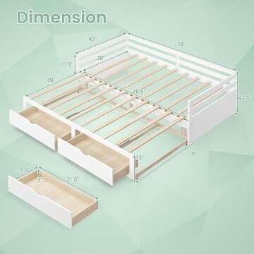 KOMFOTT Wood Daybed with Trundle, Extendable Twin to King Daybed Frame with 2 Storage Drawers, Space...