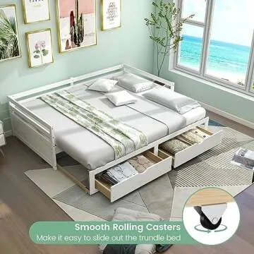 KOMFOTT Wood Daybed with Trundle, Extendable Twin to King Daybed Frame with 2 Storage Drawers, Space Saving Dual-use Sofa Daybed for Bedroom, Guest Room, No Box Spring Required (White)