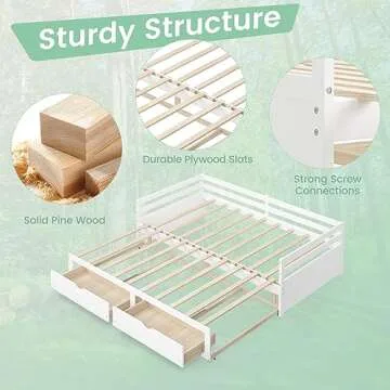 KOMFOTT Wood Daybed with Trundle, Extendable Twin to King Daybed Frame with 2 Storage Drawers, Space Saving Dual-use Sofa Daybed for Bedroom, Guest Room, No Box Spring Required (White)