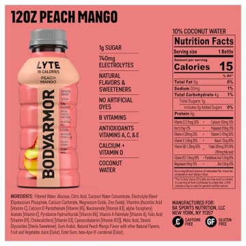 BODYARMOR LYTE Sports Drink Low-Calorie Sports Beverage, Peach Mango, Coconut Water Hydration, Natur...