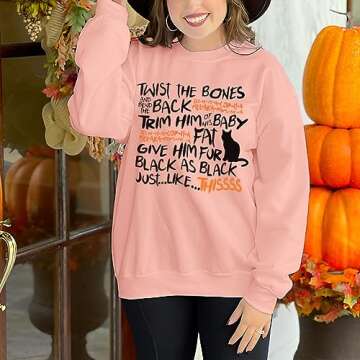Ritatte Women Twist The Bones Sweatshirt Funny Halloween Black Cat Shirt Hocus Pocus Fall Casual Pullover Top (Pink-82, L)