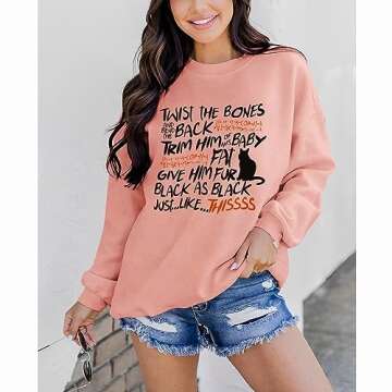 Ritatte Women Twist The Bones Sweatshirt Funny Halloween Black Cat Shirt Hocus Pocus Fall Casual Pullover Top (Pink-82, L)