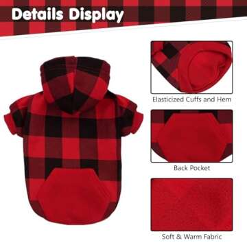 KOOLTAIL Plaid Dog Hoodie Pet Clothes Sweater with Hat and Pocket for Small Medium Large Size Dogs, Soft Winter Warm Dog Cold Weather Coat, Fleece Fall Dog Hooded Sweatshirt for Puppy Cats, Red XL