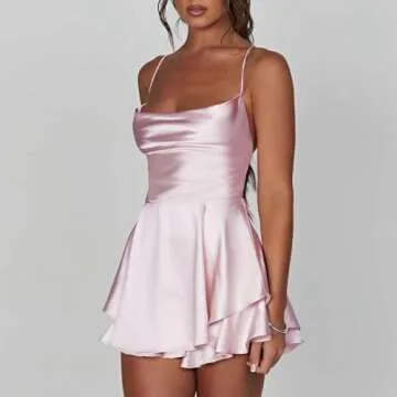 LouVasabuce Women Sexy Backless Short Romper Satin Dress Cowl Neck Tie Ruffle Layer Spaghetti Strap Jumpsuit Mini Dress (Pink, M)