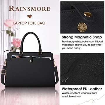RAINSMORE Laptop Bag for Women 15.6 Inch Laptop Tote Bag Leather Work Bag Waterproof Womens Briefcase Business Office Computer Tote Bag Large Capacity Handbag Shoulder Bag Black