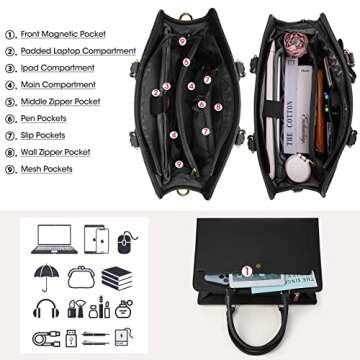 RAINSMORE Laptop Bag for Women 15.6 Inch Laptop Tote Bag Leather Work Bag Waterproof Womens Briefcase Business Office Computer Tote Bag Large Capacity Handbag Shoulder Bag Black