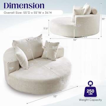 Oversized Round Swivel Chaise Longue Chair Indoor, Modern 55-inch 360 Degree Swivel Upholstered Chen...