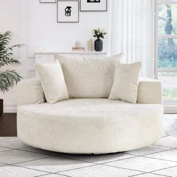 Oversized Round Swivel Chaise Longue Chair Indoor, Modern 55-inch 360 Degree Swivel Upholstered Chenille Deep Seat Circle Single Cloud Sofa Chair for Living Room, Bedroom Apartment, Office, Beige