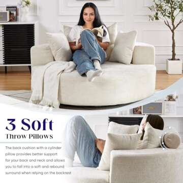 Oversized Round Swivel Chaise Longue Chair Indoor, Modern 55-inch 360 Degree Swivel Upholstered Chenille Deep Seat Circle Single Cloud Sofa Chair for Living Room, Bedroom Apartment, Office, Beige
