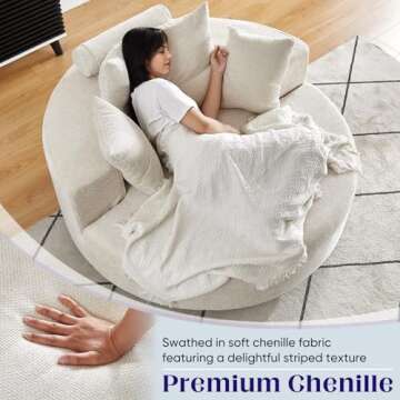 Oversized Round Swivel Chaise Longue Chair Indoor, Modern 55-inch 360 Degree Swivel Upholstered Chenille Deep Seat Circle Single Cloud Sofa Chair for Living Room, Bedroom Apartment, Office, Beige