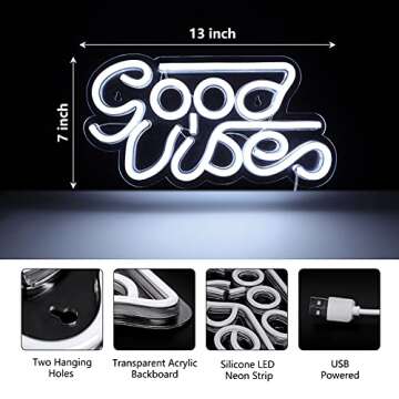 ATOLS Good Vibes Neon Sign for Wall Decor, Reusable Neon Light Sign for Bedroom, Kid room, Makeup Room, Game Room, Shop, Bar, Wedding, Party, Size-13x7 Inch, Powered by USB (White)