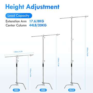 EMART 10ft/300cm Photography Heavy Duty C Stand with 4.2ft/128cm Holding Boom Arm and 2 Pieces Grip Head， Adjustable Stainless Steel Tripod for Video, Moonlight, Parabolic Softbox