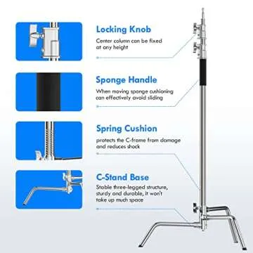EMART 10ft/300cm Photography Heavy Duty C Stand with 4.2ft/128cm Holding Boom Arm and 2 Pieces Grip Head， Adjustable Stainless Steel Tripod for Video, Moonlight, Parabolic Softbox