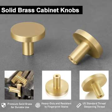 QOGRISUN 10-Pack Solid Brass Cabinet Knobs, 1-Inch Diameter, Round Gold Dresser Drawer Pulls Handles...