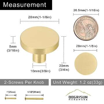 QOGRISUN 10-Pack Solid Brass Cabinet Knobs, 1-Inch Diameter, Round Gold Dresser Drawer Pulls Handles, Modern Kitchen Hardware, Brushed Brass Finish
