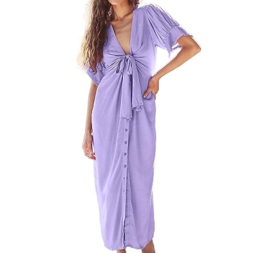 Women's Summer Vintage Midi Dress Button-Front, Knotted Bust, and Subtle Puffed Sleeves - Perfect fo...