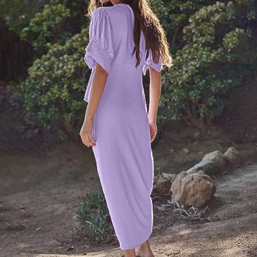 Women's Summer Vintage Midi Dress Button-Front, Knotted Bust, and Subtle Puffed Sleeves - Perfect for Casual and Party Light Purple