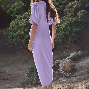 Women's Summer Vintage Midi Dress Button-Front, Knotted Bust, and Subtle Puffed Sleeves - Perfect for Casual and Party Light Purple