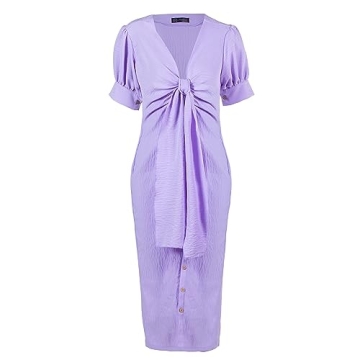 Women's Summer Vintage Midi Dress Button-Front, Knotted Bust, and Subtle Puffed Sleeves - Perfect for Casual and Party Light Purple