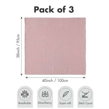 Muslin Swaddle Blankets for Newborn, 3 Pack Breathable Soft Receiving Blanket, Large 38 x 40 inches Swaddle Wrap Burping Clothes, Essentials Infant Shower Items, Toddler Gift (Multiple Colors)