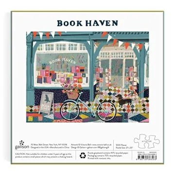 Galison Book Haven Puzzle, 1000 Pieces, 20” x 20” – Difficult Jigsaw Puzzle with Stunning & Colorful Artwork of a Book Shop by Victoria Ball – Thick, Sturdy Pieces, Challenging Family Activity