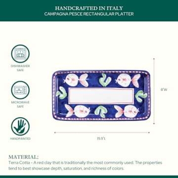 Vietri Campagna Pesce Rectangular Platter, Earthenware Steak Salad Dessert & Snack Serving Plate