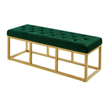 24KF Jade Velvet Bench with Padded Seat,Upholstered Tufted Bench with Golden Metal Leg-Jade