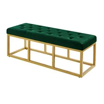 24KF Jade Velvet Bench with Padded Seat,Upholstered Tufted Bench with Golden Metal Leg-Jade