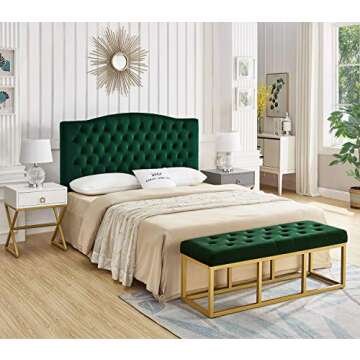 24KF Jade Velvet Bench with Padded Seat,Upholstered Tufted Bench with Golden Metal Leg-Jade