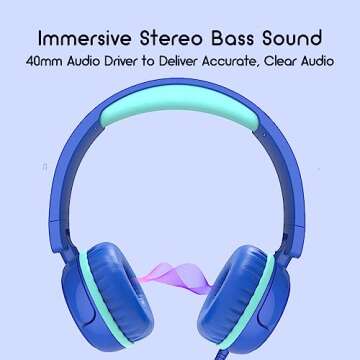 IMYB Kids Headphones, V1 Wired Stereo Foldable Tangle-Free 3.5mm Adjustable On-Ear Headphones for Kids for School/Toddlers/Childrens/Teens/Boys/Girls/Ipad/Tablet/Kindle/Phones/Travel/Plane (Blue)