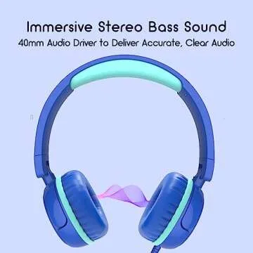 IMYB Kids Headphones, V1 Wired Stereo Foldable Tangle-Free 3.5mm Adjustable On-Ear Headphones for Kids for School/Toddlers/Childrens/Teens/Boys/Girls/Ipad/Tablet/Kindle/Phones/Travel/Plane (Blue)