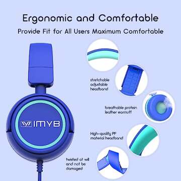 IMYB Kids Headphones, V1 Wired Stereo Foldable Tangle-Free 3.5mm Adjustable On-Ear Headphones for Kids for School/Toddlers/Childrens/Teens/Boys/Girls/Ipad/Tablet/Kindle/Phones/Travel/Plane (Blue)