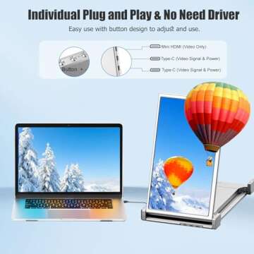 FHH Laptop Screen Extender, 14" FHD 1080P Triple Monitor for Laptop Extension- 315°Rotate Portable Dual Monitor Screen for 13.3"-16.5" Laptops Type-C/HDMI/USB-A Plug & Play for Wins/Mac/Chro