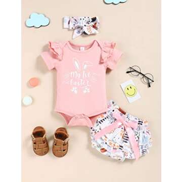 Menglang My 1st Easter Outfit Newborn Baby Girl Bunny Letters Romper Ruffle Floral Shorts Set