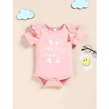 Menglang My 1st Easter Outfit Newborn Baby Girl Bunny Letters Romper Ruffle Floral Shorts Set